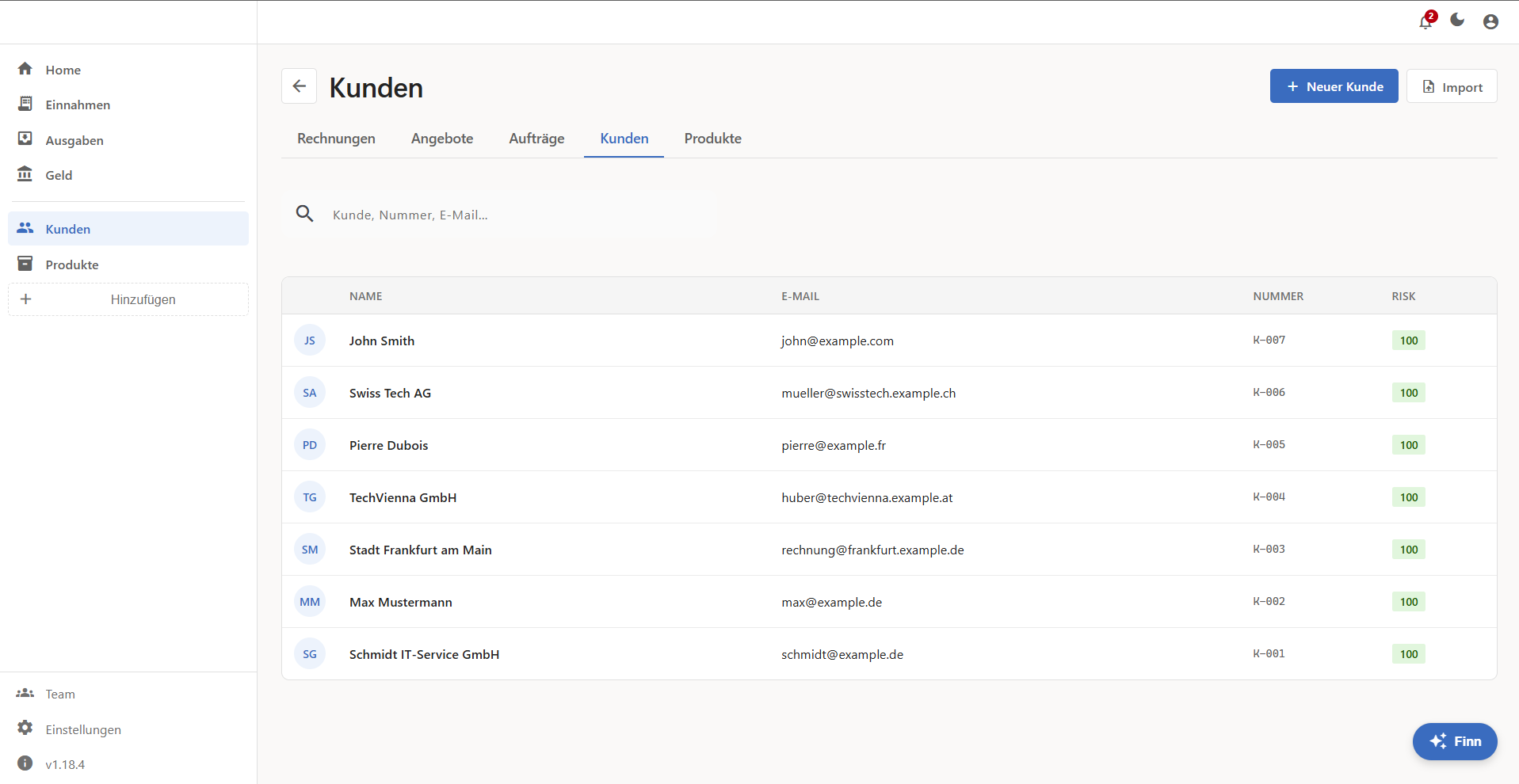 Kundenverwaltung — Kontaktdaten, Steuernummern und verknüpfte Rechnungen