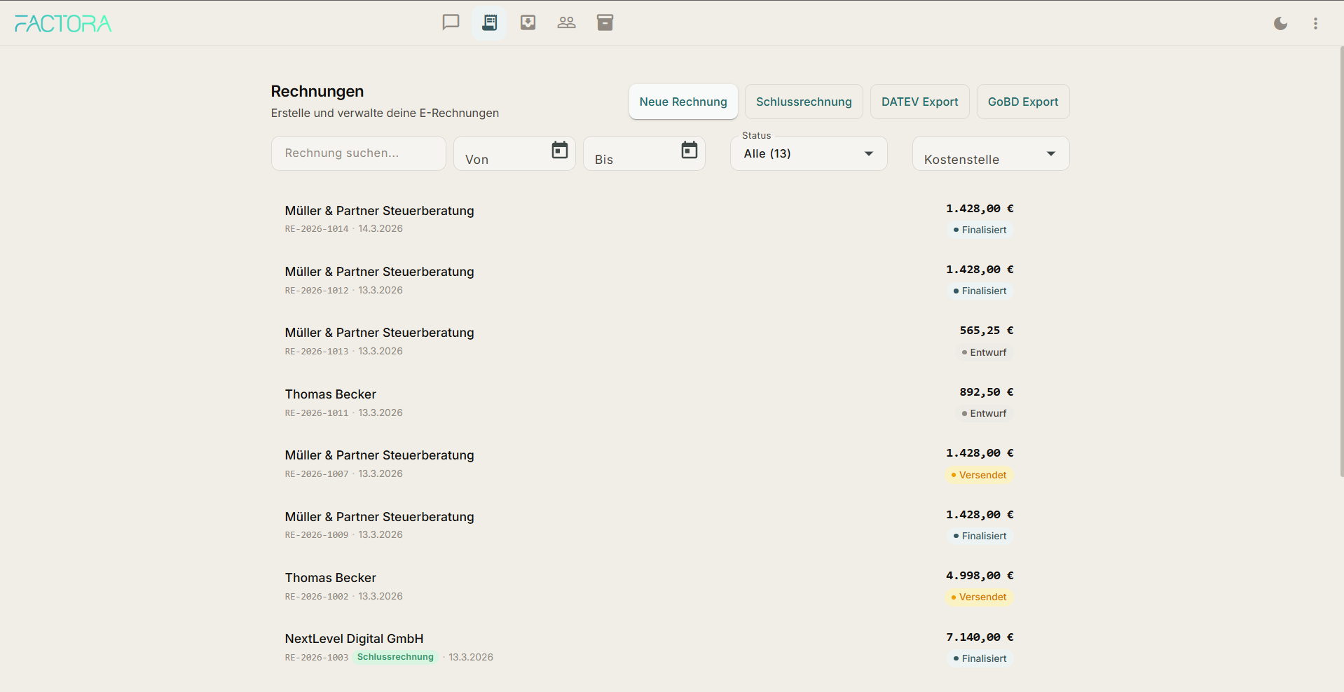 Factora Rechnungserstellung mit XRechnung