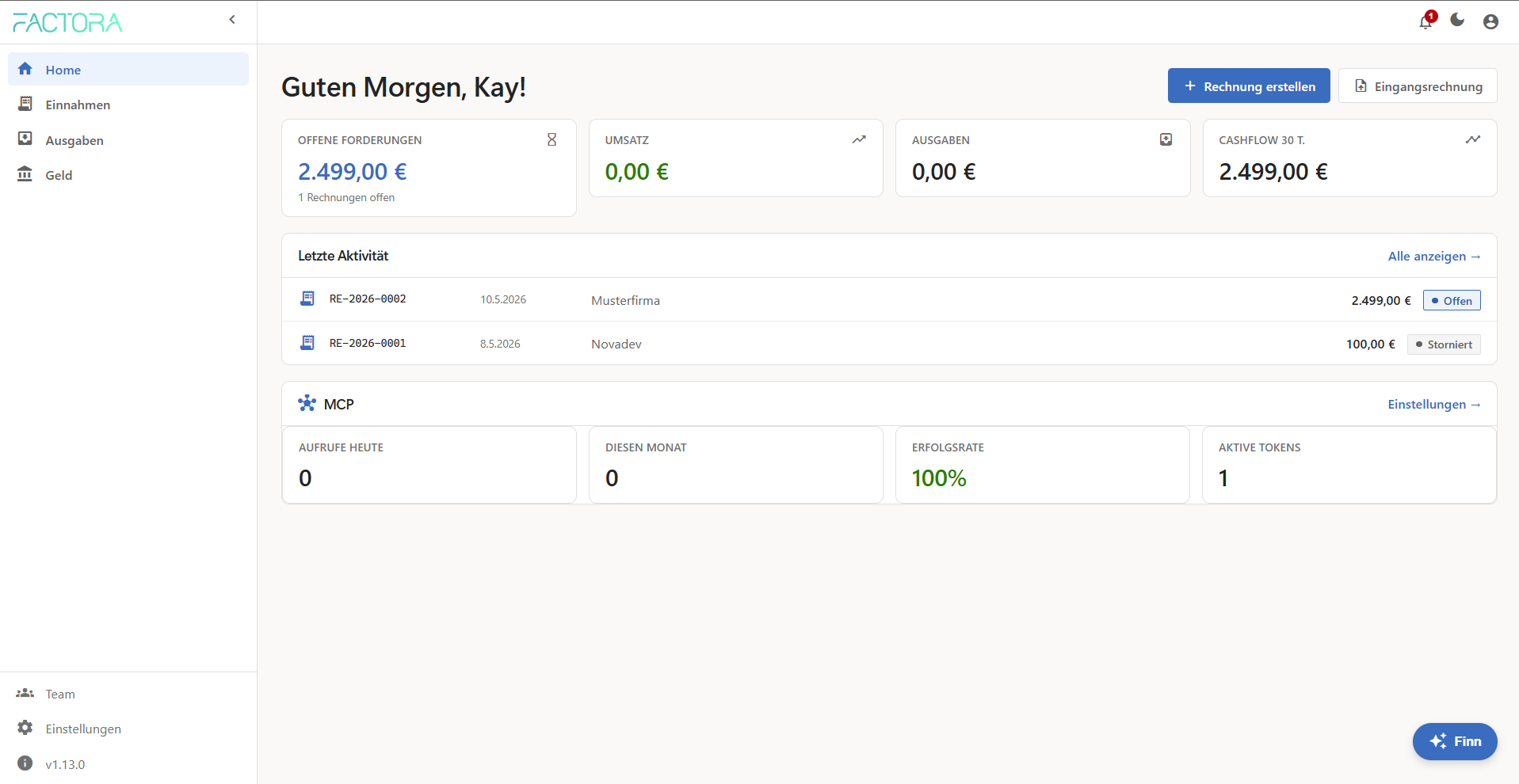 Factora Dashboard mit Atomic-Flow-Visualisierung