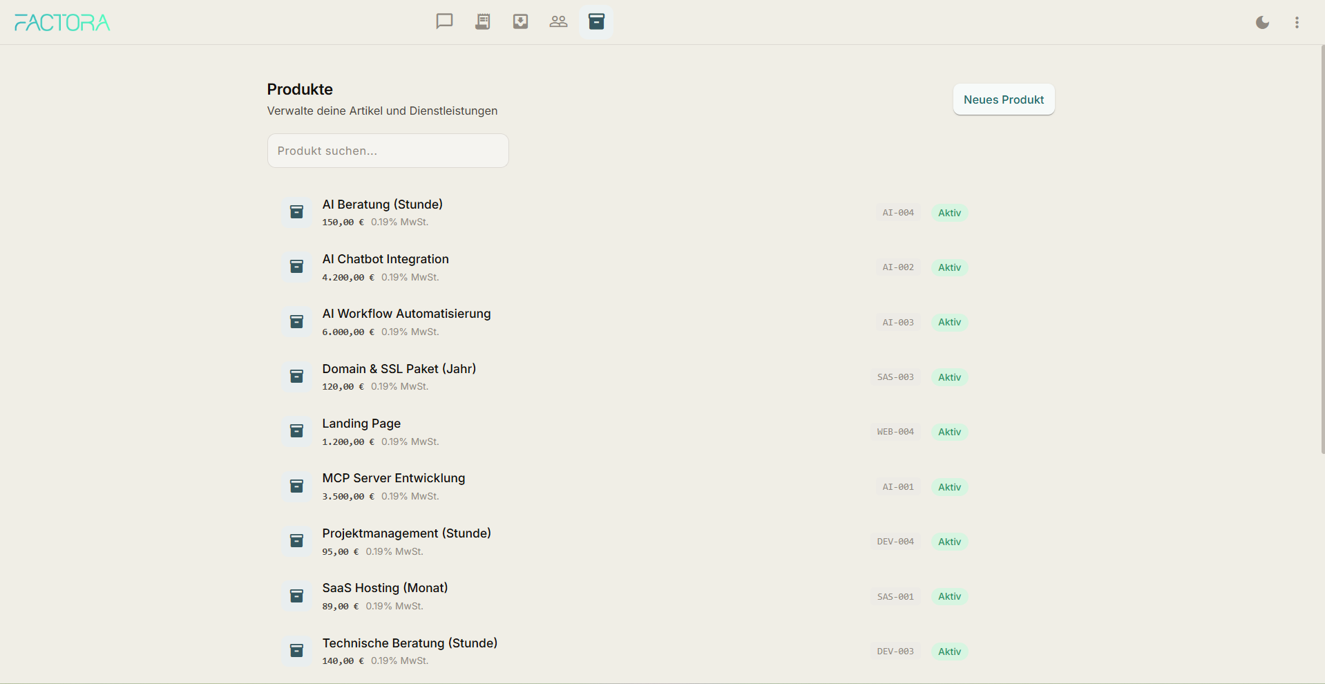 Produkt- und Leistungskatalog mit gespeicherten Preisen